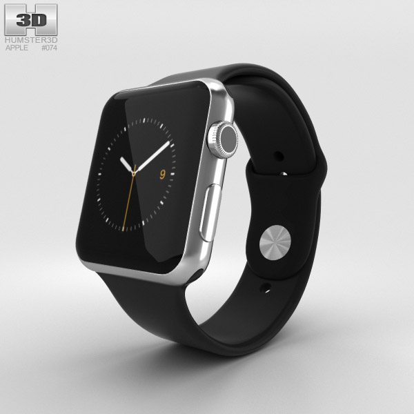Apple Watch 42mm Stainless Steel Case Black Sport Band Modelo 3D