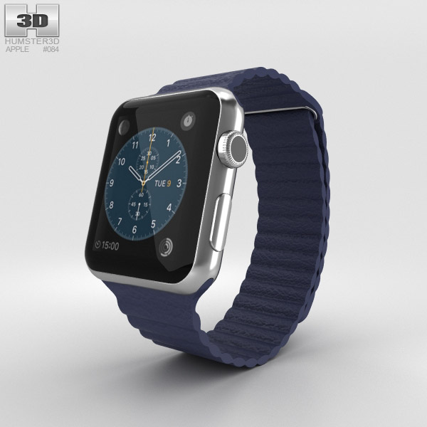 Apple Watch 42mm Stainless Steel Case Blue Leather Loop Modello 3D