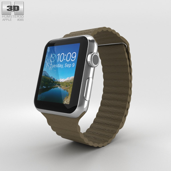 Apple Watch 42mm Stainless Steel Case Brown Leather Loop 3D 모델 