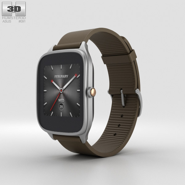 Asus Zenwatch 2 1.63-inch Silver Case Brown Rubber Band 3Dモデル