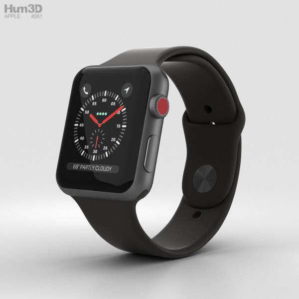 Apple Watch Series 3 42mm GPS + Cellular Space Gray Aluminum Case Black Sport Band Modèle 3D