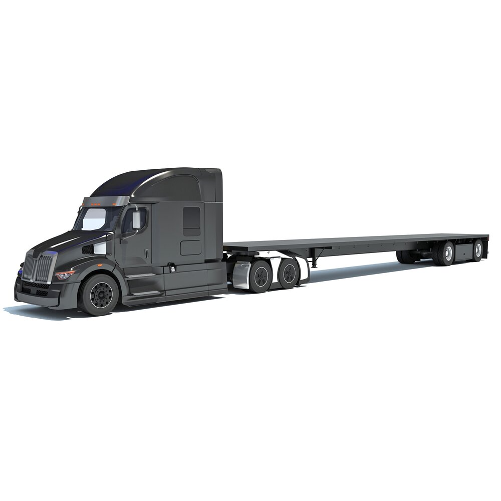 Black Truck With Flatbed Trailer 3D model