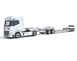 White Semi Truck With Lowboy Trailer 3D 모델 