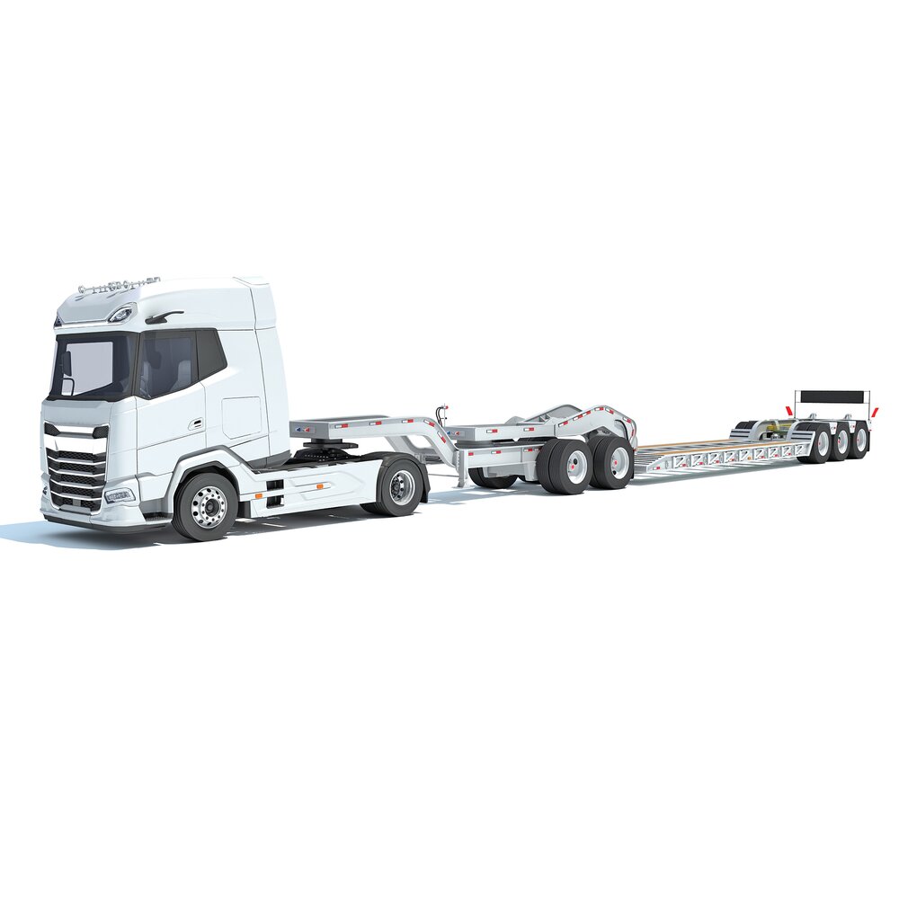 White Semi Truck With Lowboy Trailer 3D 모델 