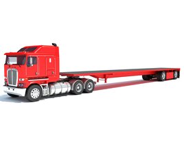 Red Truck With Flatbed Trailer 3D模型