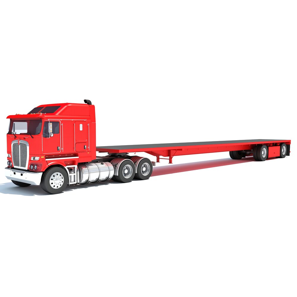 Red Truck With Flatbed Trailer 3Dモデル