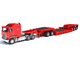 Red Truck With Lowboy Trailer 3D model