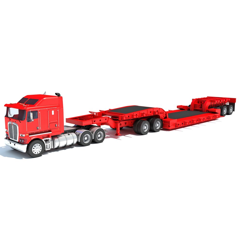 Red Truck With Lowboy Trailer 3D模型