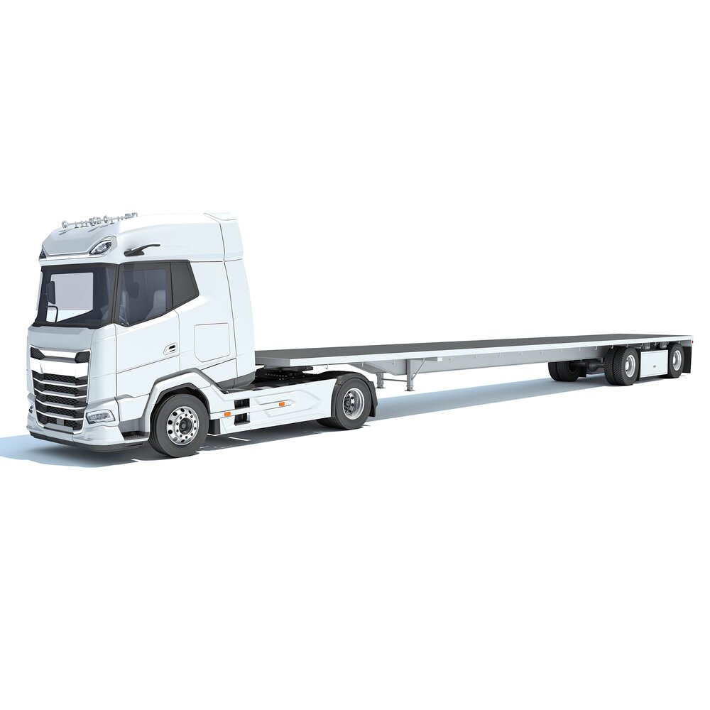 White Truck With Flatbed Trailer 3D model