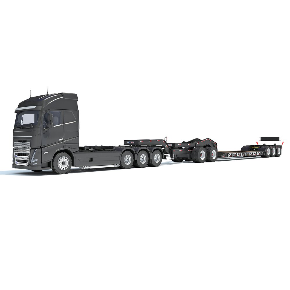 4 Axle Semi Truck With Lowboy Trailer 3Dモデル
