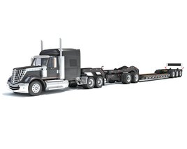Black Semi Truck With Lowboy Trailer 3D模型