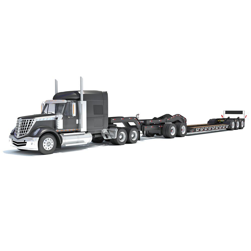 Black Semi Truck With Lowboy Trailer 3D 모델 