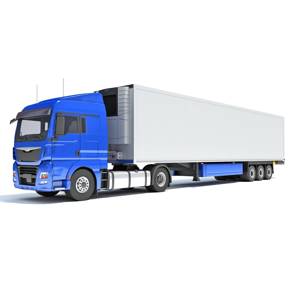 Blue Semi-Truck With Refrigerated Trailer Modello 3D