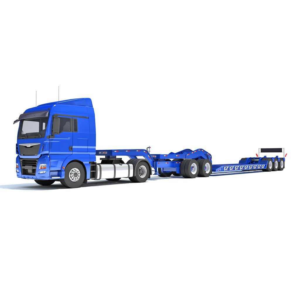Blue Semi Truck With Lowboy Trailer Modello 3D
