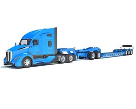 Blue Semi Truck With Platform Trailer 3Dモデル