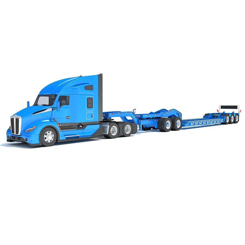 Blue Semi Truck With Platform Trailer 3D 모델 