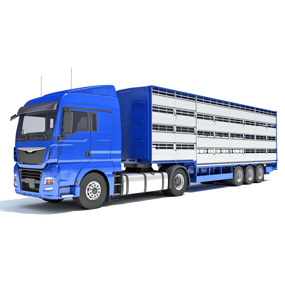 Blue Truck With Animal Transporter Trailer 3D model