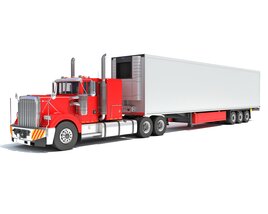 Red Classic Semi-Truck With Refrigerated Trailer 3Dモデル