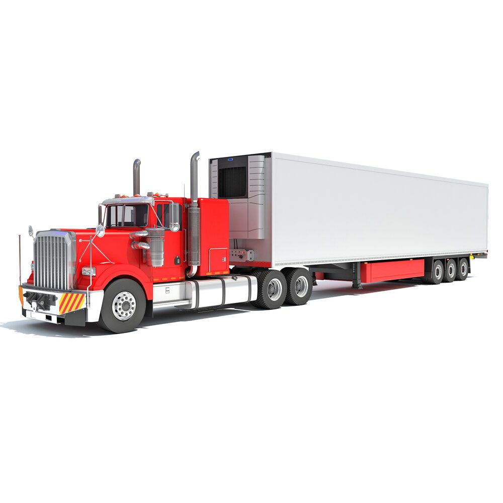 Red Classic Semi-Truck With Refrigerated Trailer Modelo 3D
