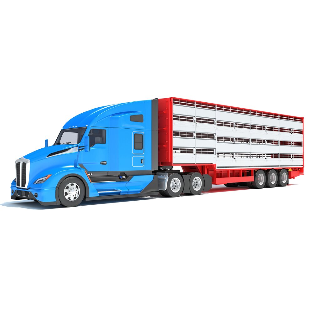 Blue Heavy-Duty Truck With Animal Transport Trailer 3D model