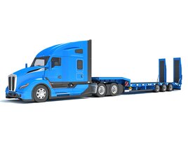 Blue Truck With Platform Trailer 3Dモデル