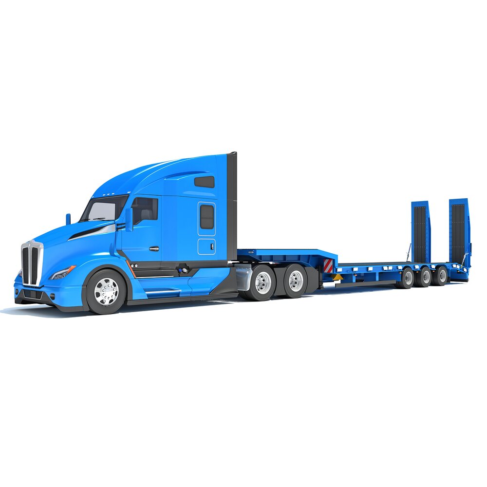 Blue Truck With Platform Trailer 3D model