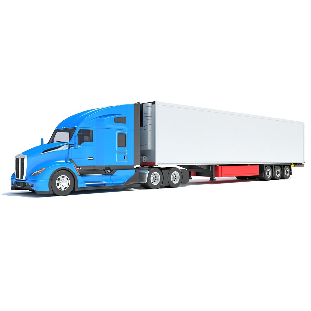 Blue Truck With Reefer Refrigerator Trailer Modèle 3D