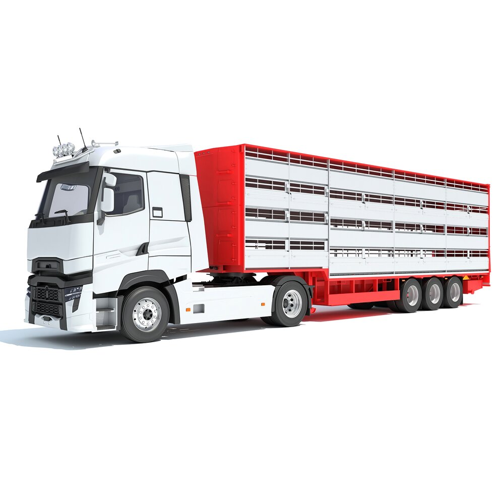 White Semi-Truck With Animal Transporter Trailer 3D model