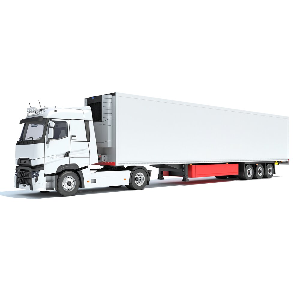 White Semi-Truck With Large Reefer Trailer Modello 3D