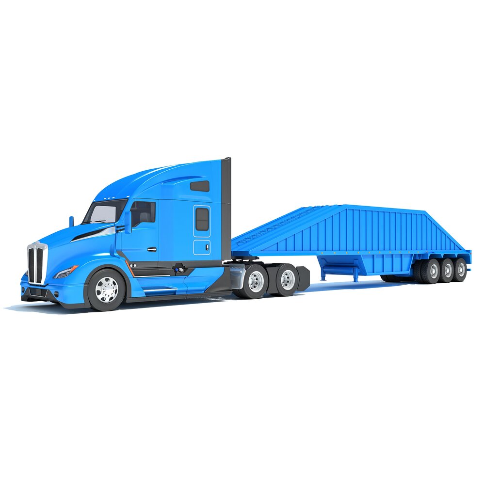 Blue Construction Truck With Bottom Dump Trailer 3D model