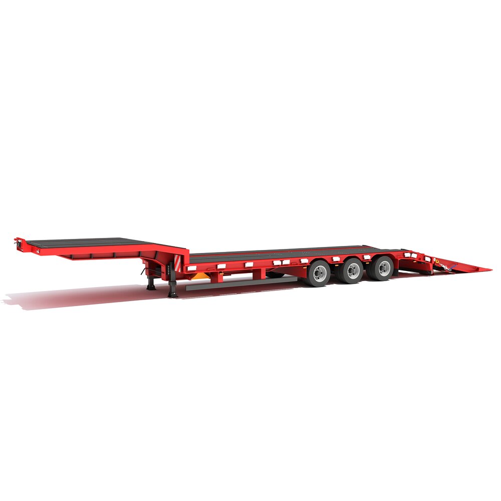 Red Tri-Axle Step-Deck Platform Trailer 3D model