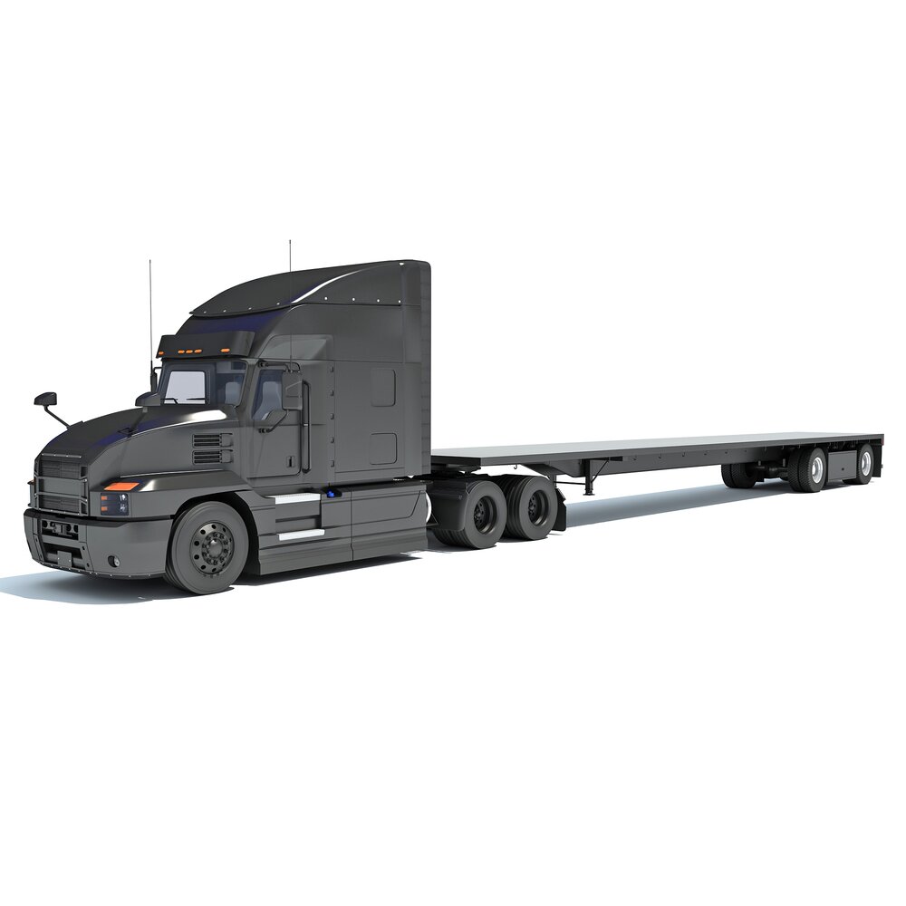 Sleeper Cab Truck With Flatbed Trailer 3D 모델 