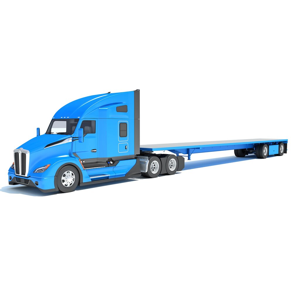 Three Axle Truck With Flatbed Trailer 3D 모델 