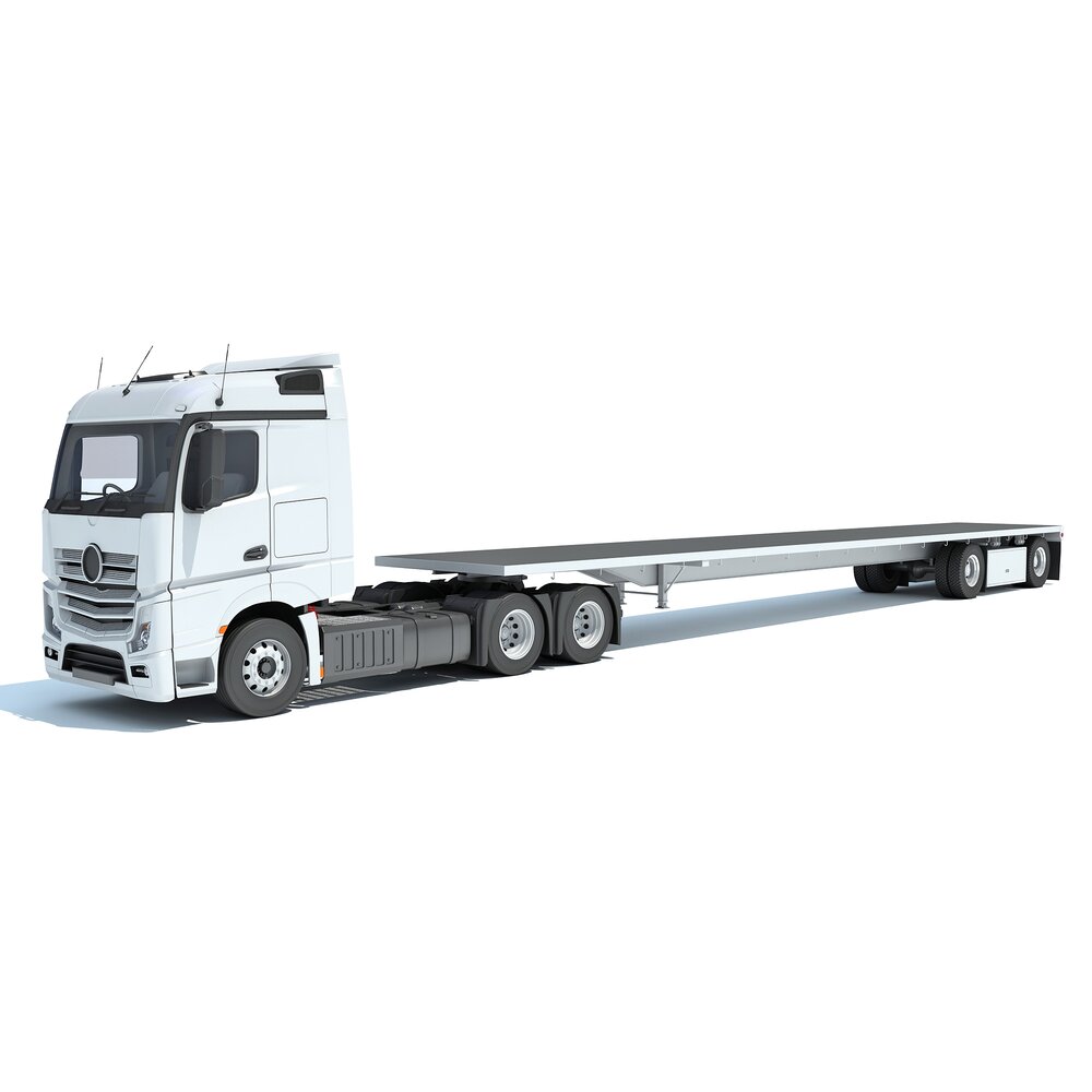 High Cab Truck With Flatbed Trailer 3D模型