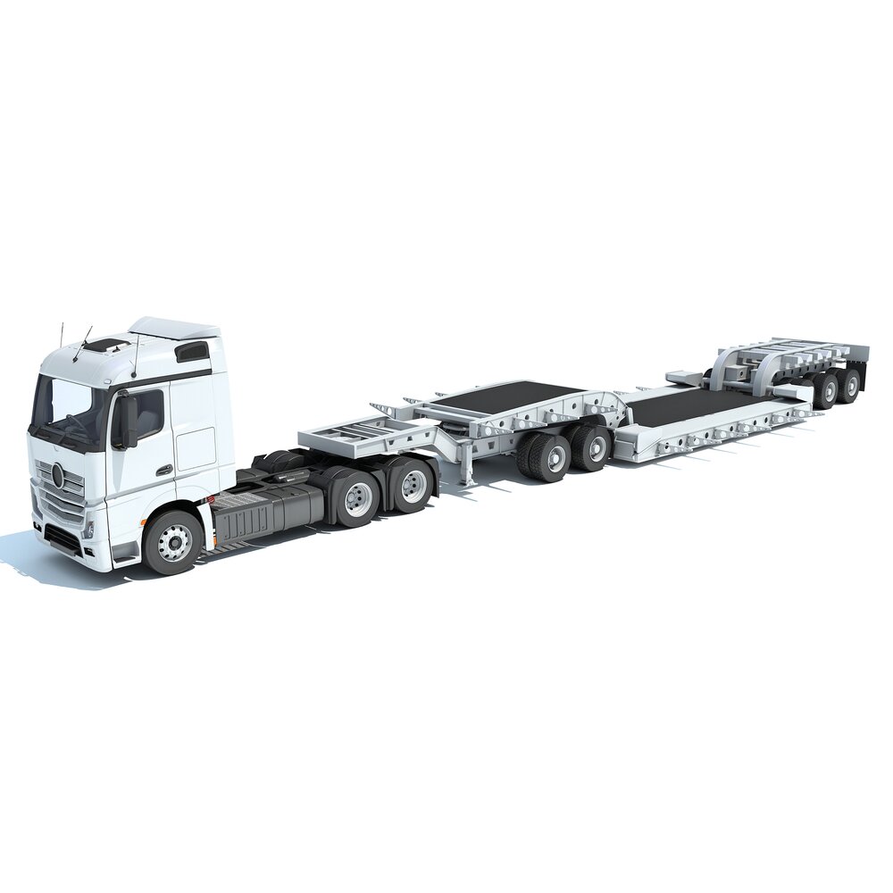 High Cab Truck With Lowboy Trailer 3D model