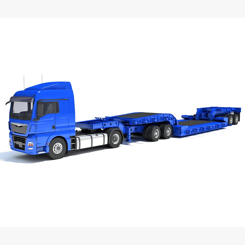 Blue Truck With Lowboy Trailer 3D 모델 