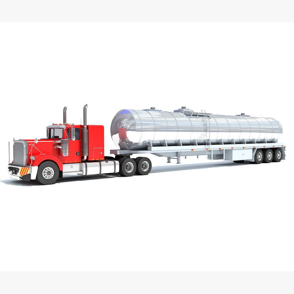 Red Cab Truck With Tank Semitrailer 3D模型