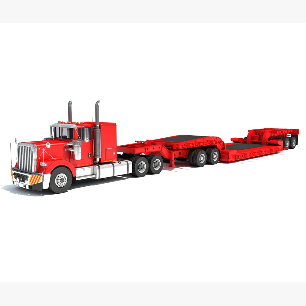 Red Semi Truck With Lowbed Trailer 3D模型