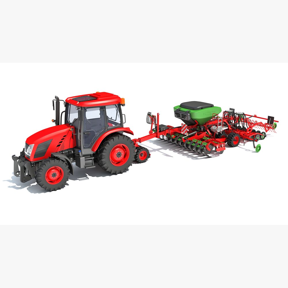 Farm Tractor With Grain Drill 3D 모델 
