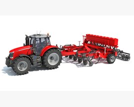 Red Tractor With Multi-Row Planter 3Dモデル