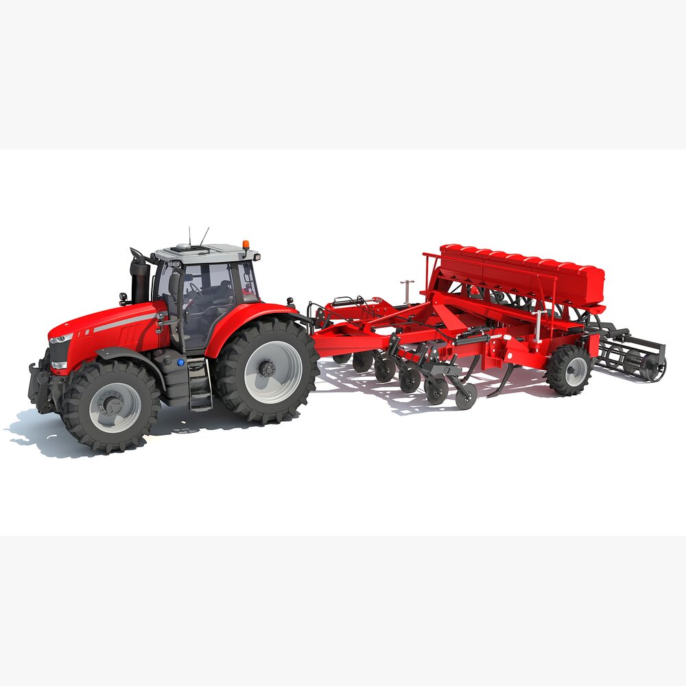 Red Tractor With Multi-Row Planter 3D model