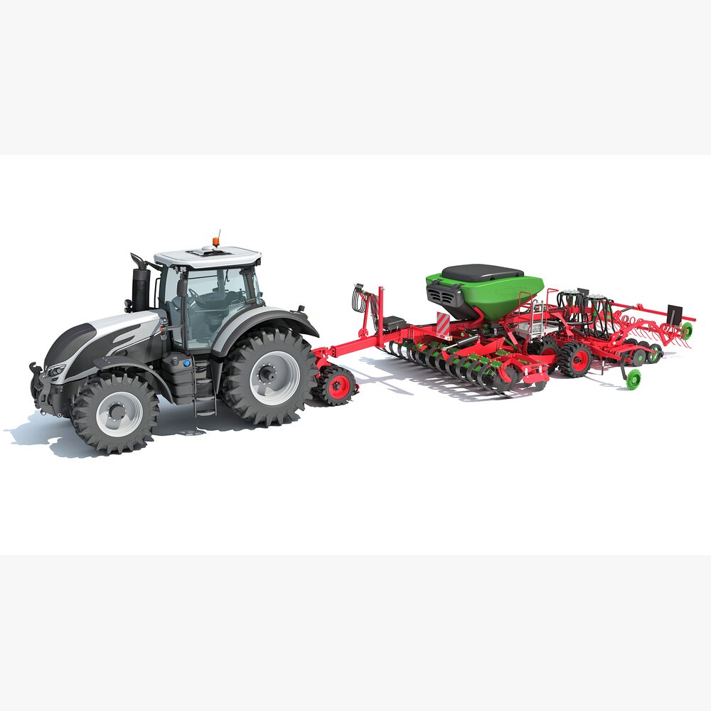 Tractor With Trailed Seed Drill 3D model