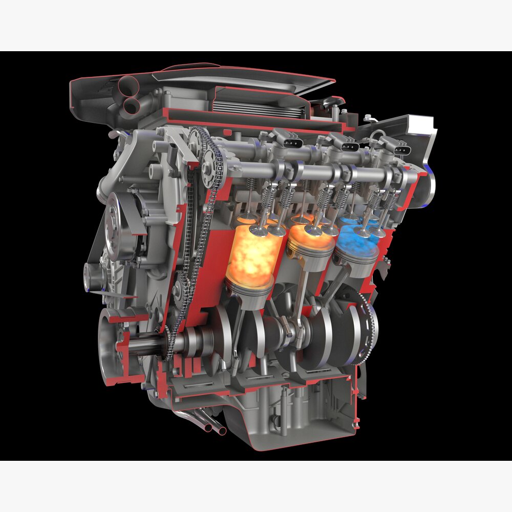 Sectioned Animated V6 Engine Gasoline Ignition Modello 3D