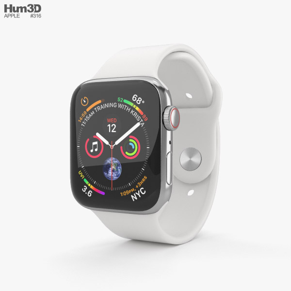 Apple Watch Series 4 44mm Stainless Steel Case with White Sport Band 3D model
