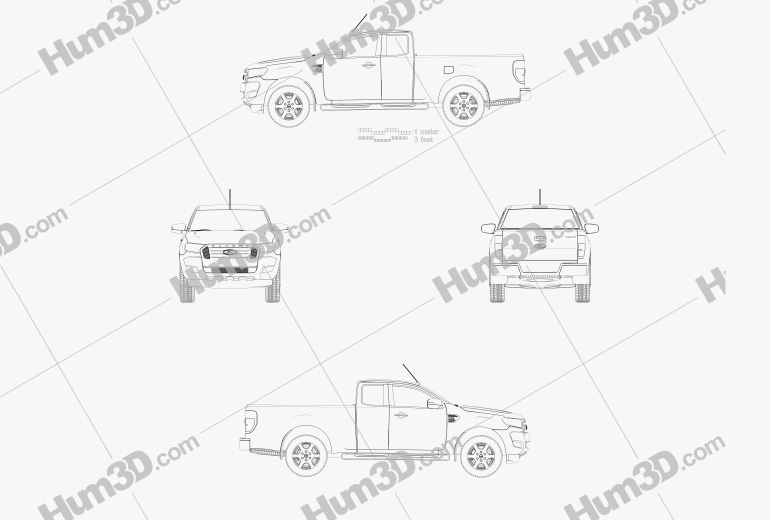Ford Ranger Super Cab XLT 2018 Blueprint - 3DModels