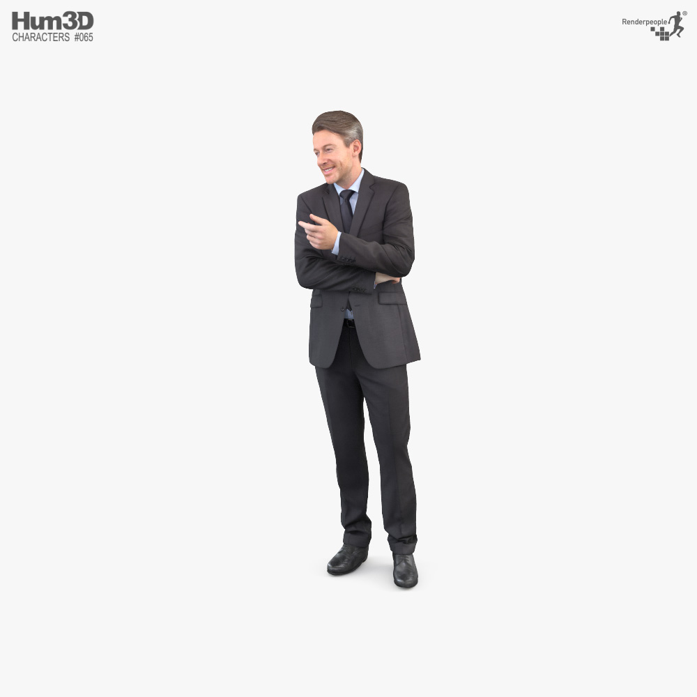 Чоловік у діловому костюмі розмовляє 3D модель