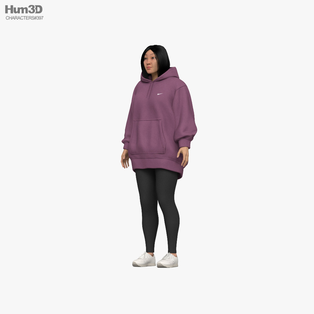 Asian Woman in Oversize Hoodie Modello 3D