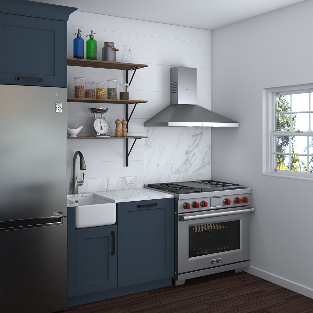 Traditional Country Blue Kitchen Design Small Modelo 3d