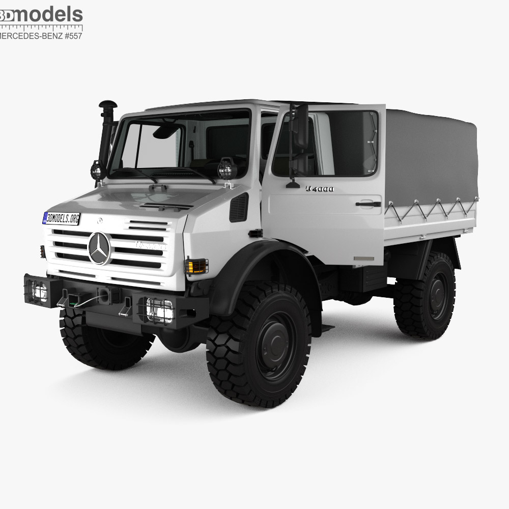 Mercedes-Benz Unimog U4000 Flatbed Canopy Truck with HQ interior 2000 Modello 3D