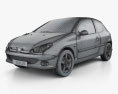 Peugeot 206 掀背车 3门 2010 3D模型 wire render